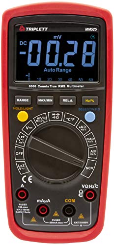 Triplett MM525 True RMS 6000 Count High Performance Digital Multimeter with Certificate of Calibration to NIST – AC/DC Voltage, AC/DC Current, Resistance, Temperature, Continuity