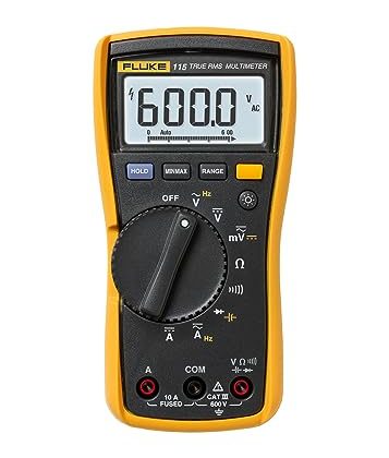 Fluke 115 Digital Multimeter, Measures AC/DC Voltage To 600 V and AC/DC Current to 10 A, Resistance, Continuity, Frequency, and Capacitance, Includes Holster and Silicone Test Lead Set