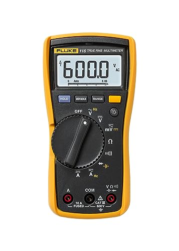 Fluke 115 Digital Multimeter, Measures AC/DC Voltage To 600 V and AC/DC Current to 10 A, Resistance, Continuity, Frequency, and Capacitance, Includes Holster and Silicone Test Lead Set